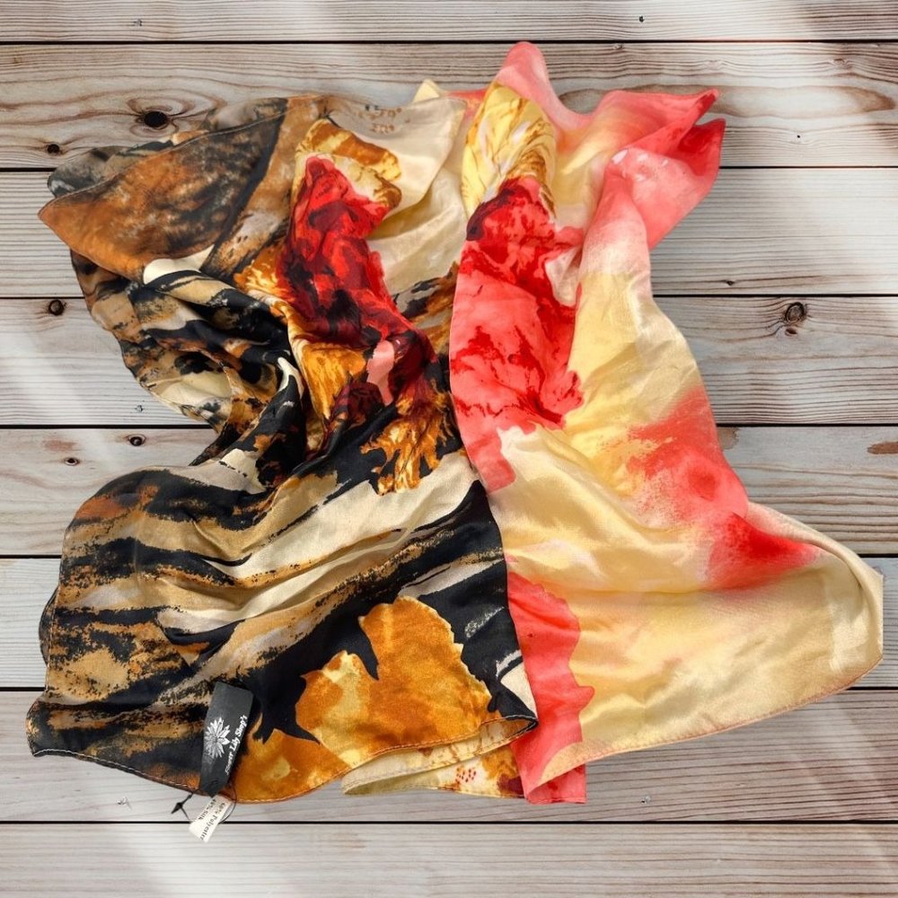 Boutique Silk Blend Multi Color Brown Yellow Red Abstract Print Scarf